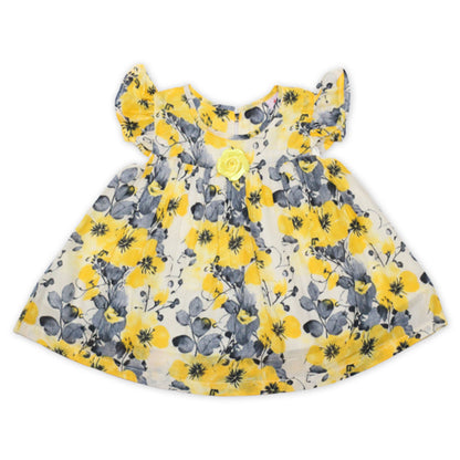 Girls Printed Lawn Frock – Yellow Floral
