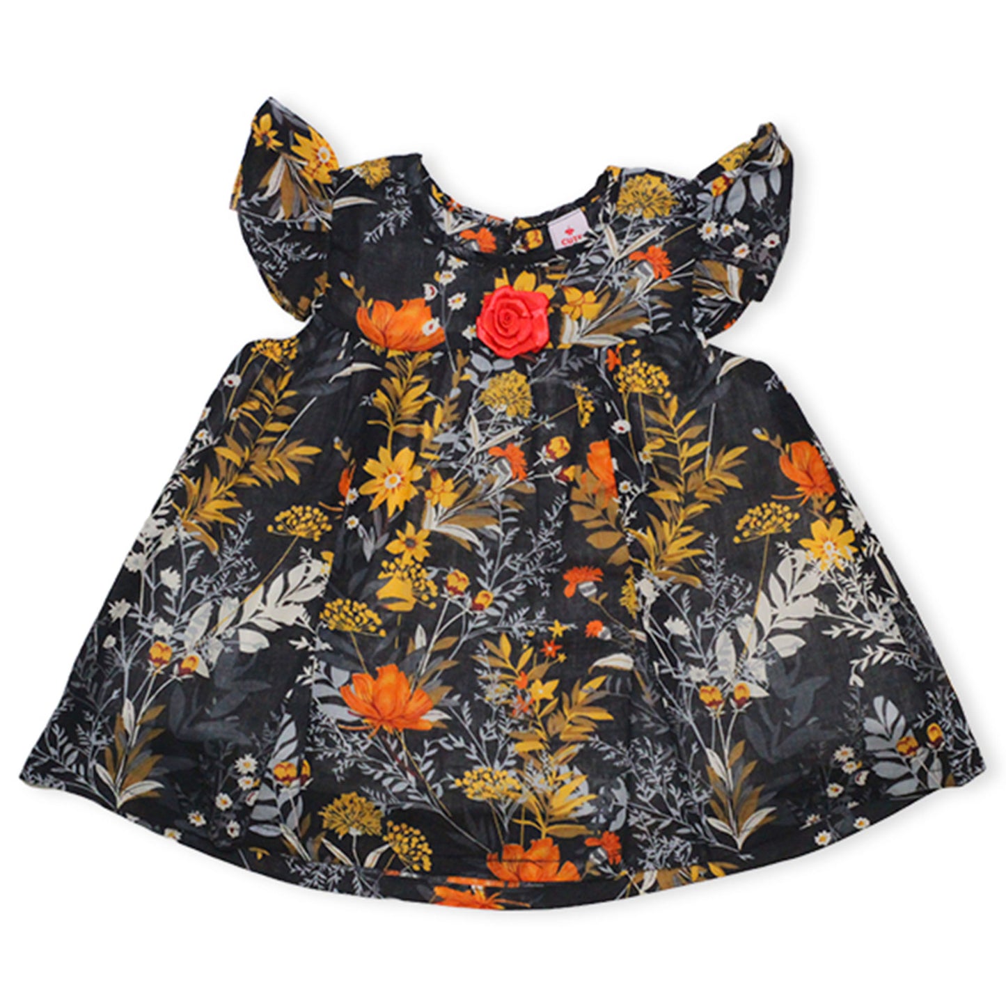 Girls Floral Lawn Frock – Black