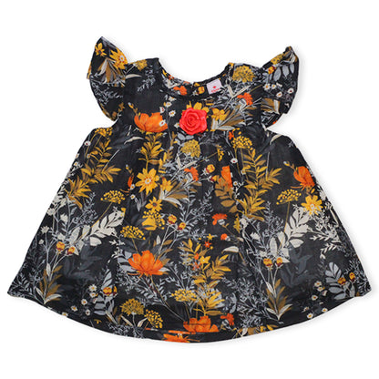 Girls Floral Lawn Frock – Black