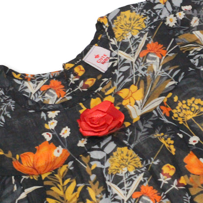 Girls Floral Lawn Frock – Black