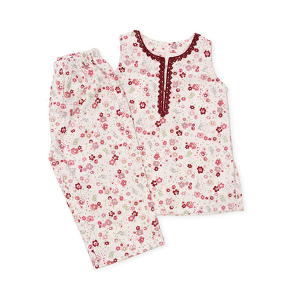 Girls Printed Cotton Co-ord Set – White & Multi-Colored Blooms