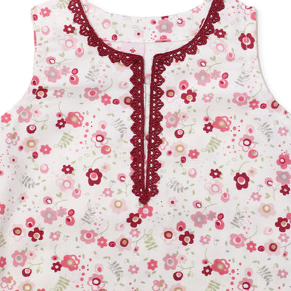 Girls Printed Cotton Co-ord Set – White & Multi-Colored Blooms