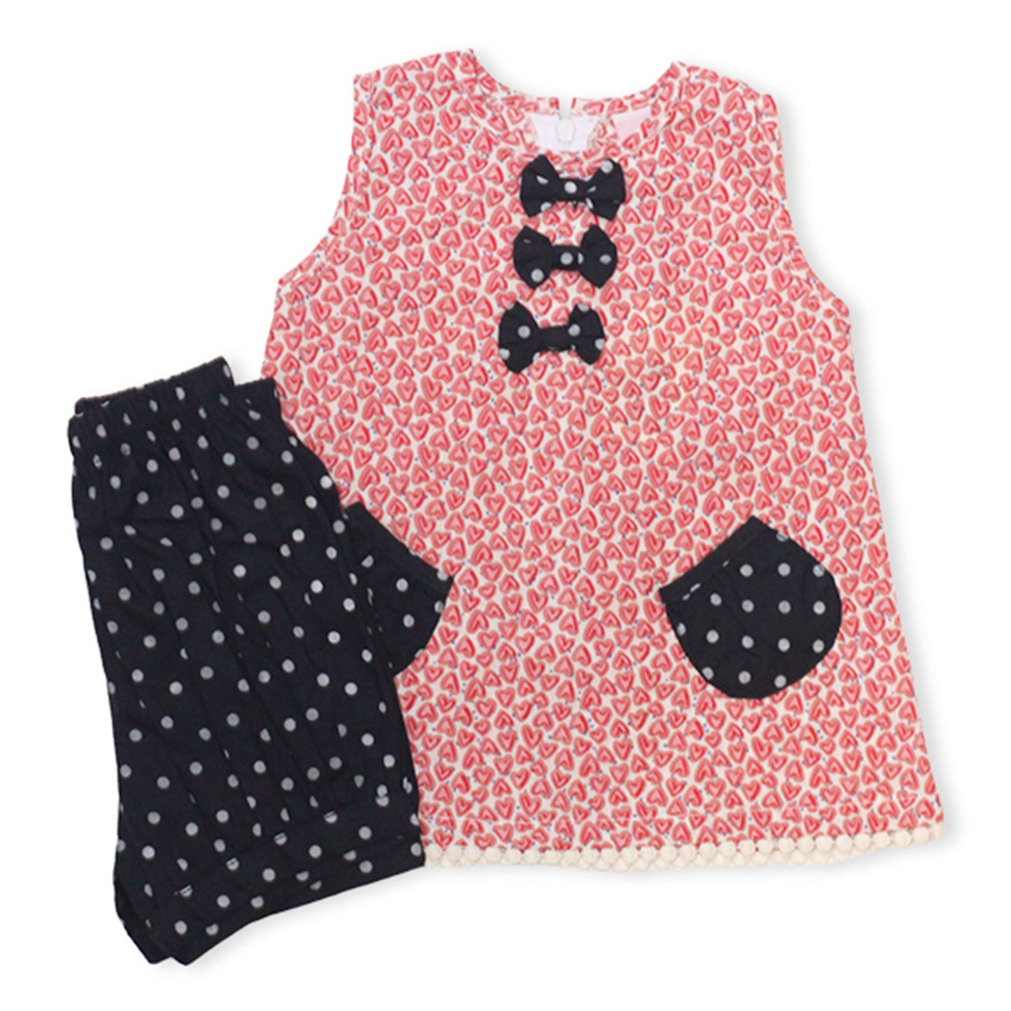 NewBorn Bow Heart Printed & Polka Dot Co-ord Set – Red & Navy