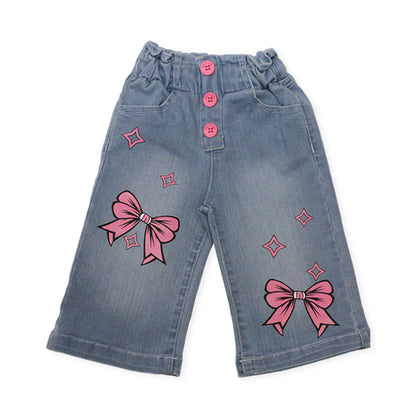 Girls Mid Wash Wide-Leg Pants with Pink Bow Print
