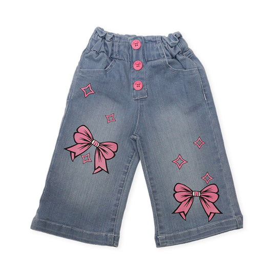 Girls Mid Wash Wide-Leg Pants with Pink Bow Print
