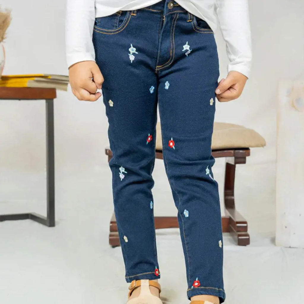 Girls Embroidery Denim Jeans - Dark Wash - Cute Kids
