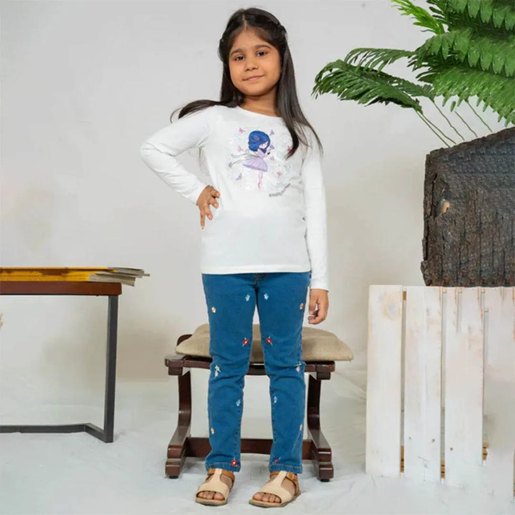 Girls Embroidery Denim Jeans - Mid Wash - Cute Kids