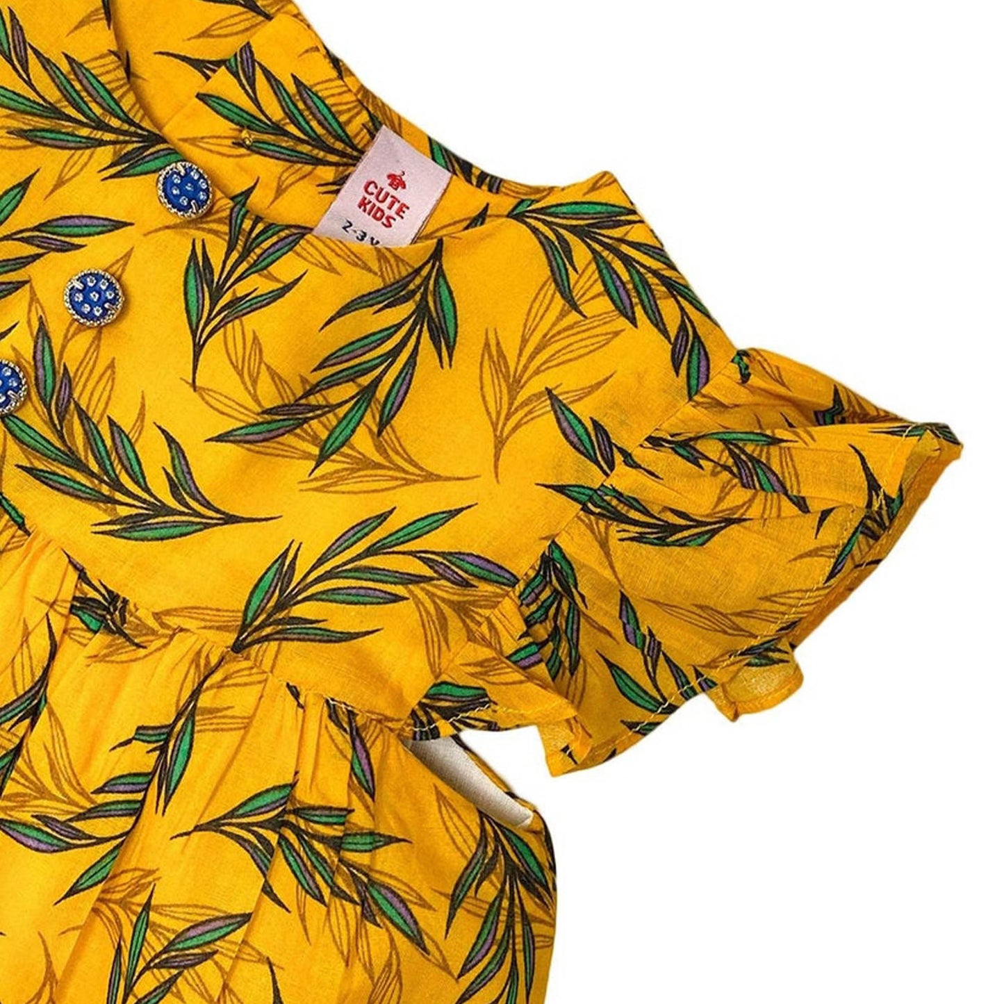 Girls Printed Lawn Frock – Yellow & Green