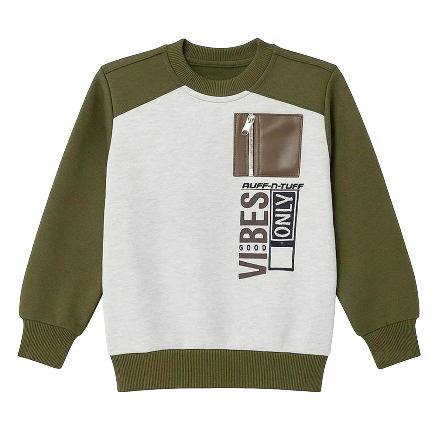 Boys “Good Vibes Only” Crewneck Sweatshirt – Olive & Grey