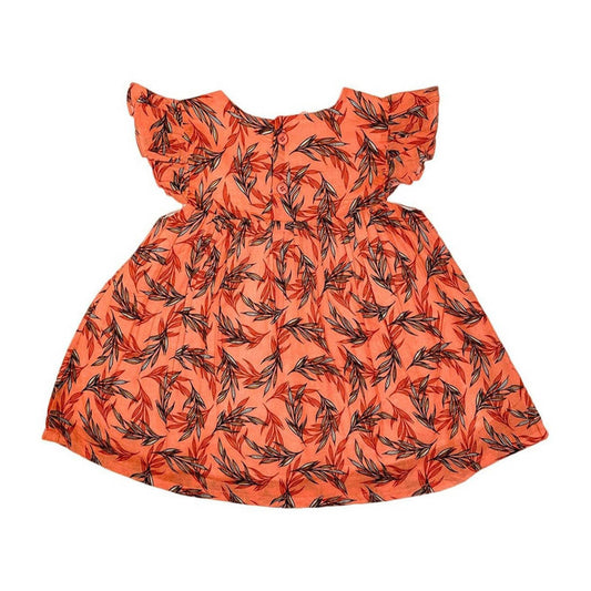 Girls Printed Lawn Frock – Orange Tangerine Leaf