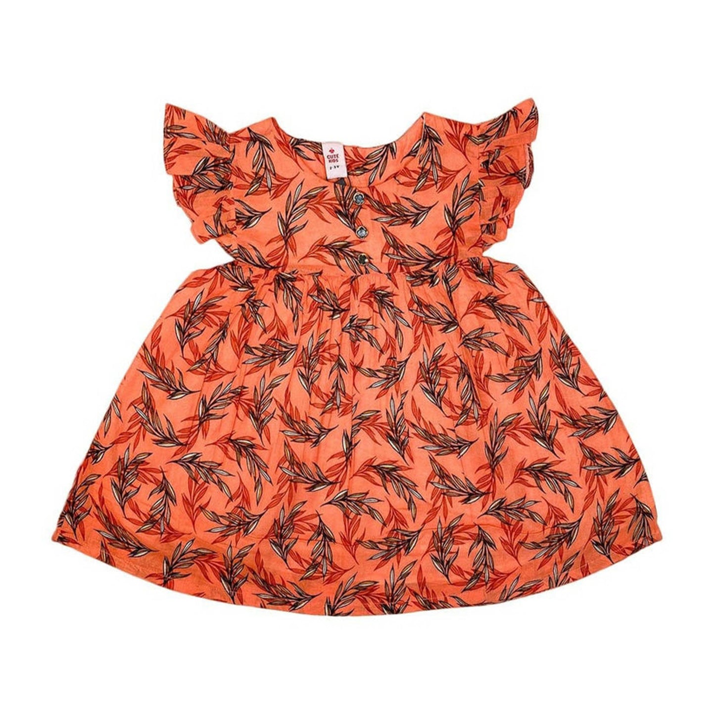 Girls Printed Lawn Frock – Orange Tangerine Leaf