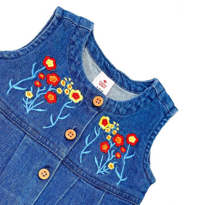 NewBorn Denim Flower Embroidery Romper - Dark Blue