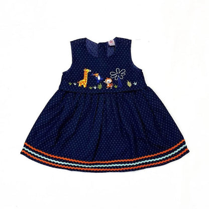 Girls Animal Embroided Dobby Frock - Blue