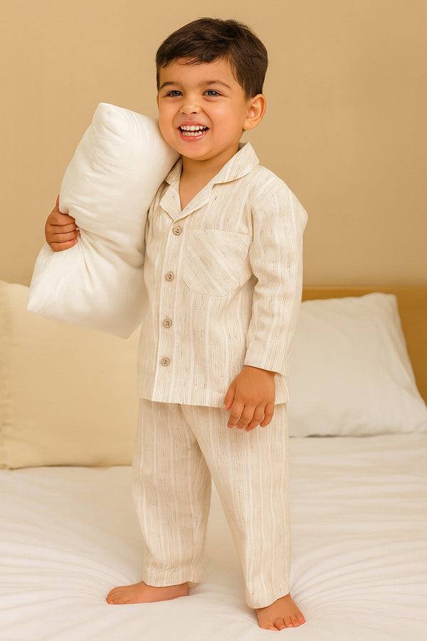 New Born 2 piece Night Suit - Light Brown stripe