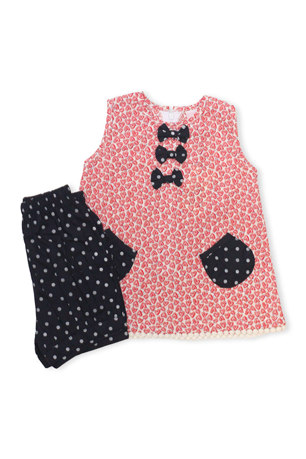 NewBorn Bow Heart Printed & Polka Dot Co-ord Set – Red & Navy