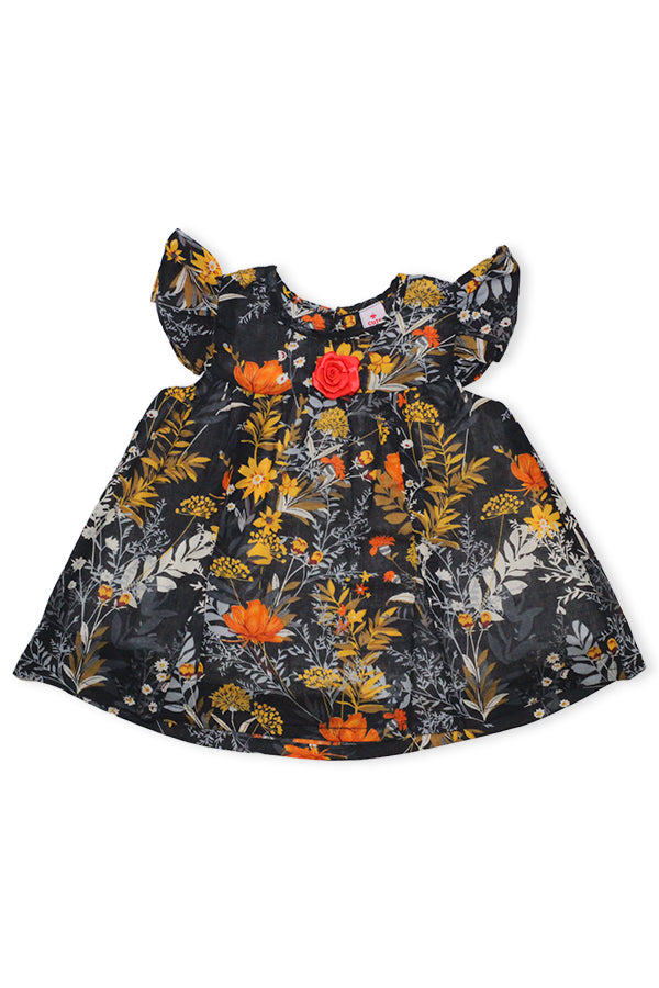 Girls Floral Lawn Frock – Black
