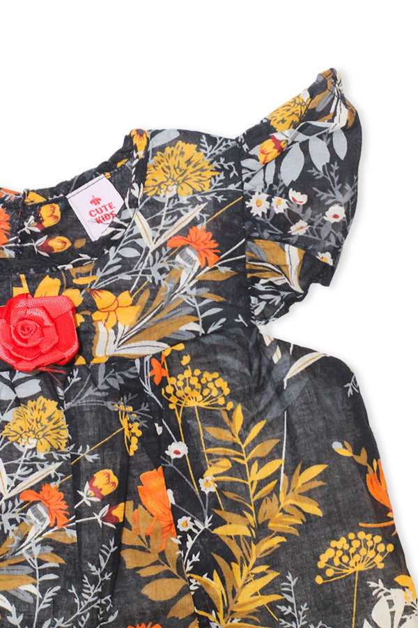 Girls Floral Lawn Frock – Black
