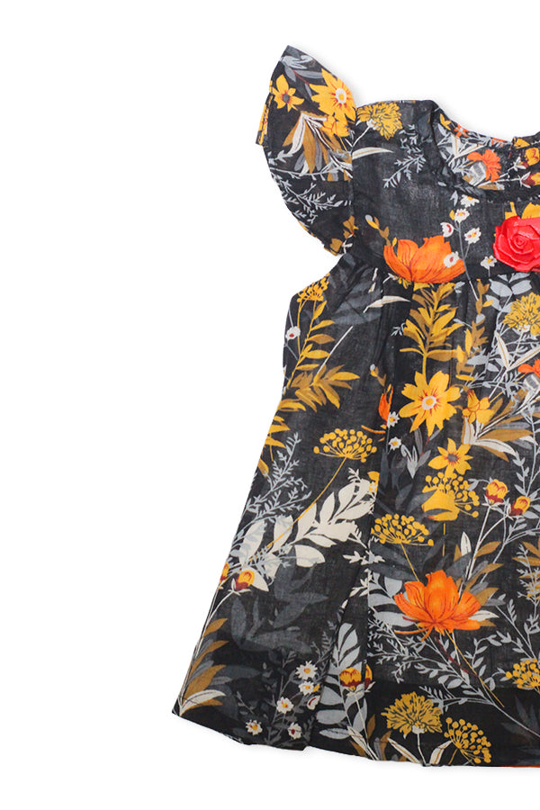 Girls Floral Lawn Frock – Black