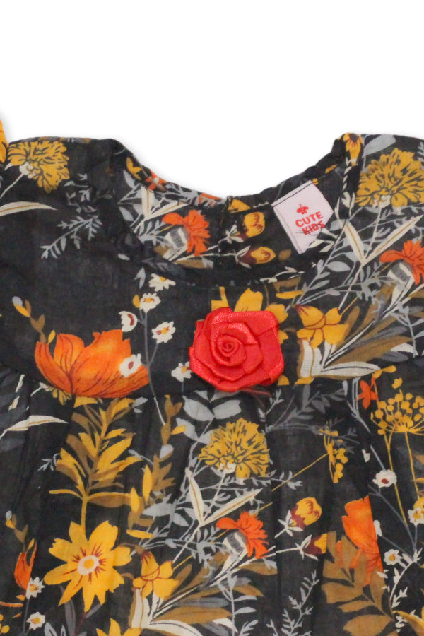 Girls Floral Lawn Frock – Black