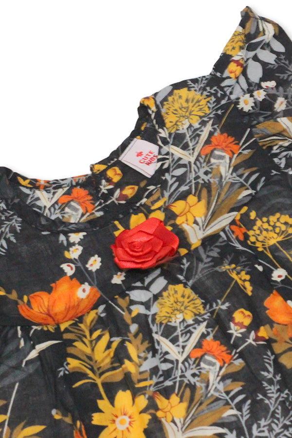 Girls Floral Lawn Frock – Black