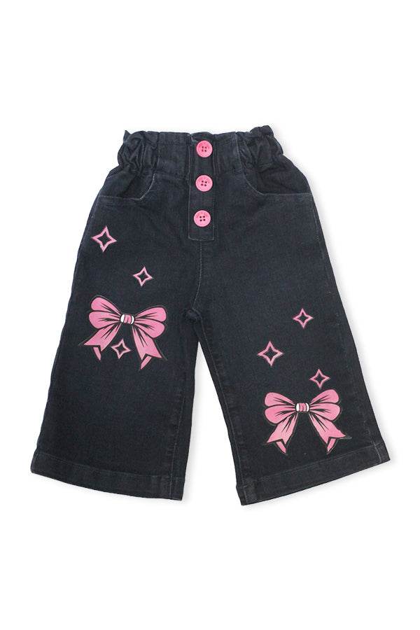 Girls Black Wide-Leg Pants with Pink Bow Print - Cute Kids