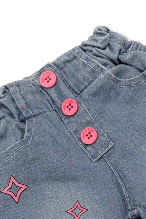 Girls Mide Wash Wide-Leg Pants with Pink Bow Print - Cute Kids