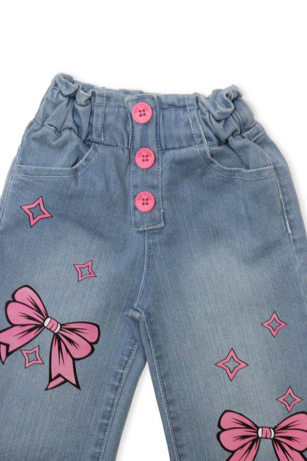 Girls Mide Wash Wide-Leg Pants with Pink Bow Print - Cute Kids