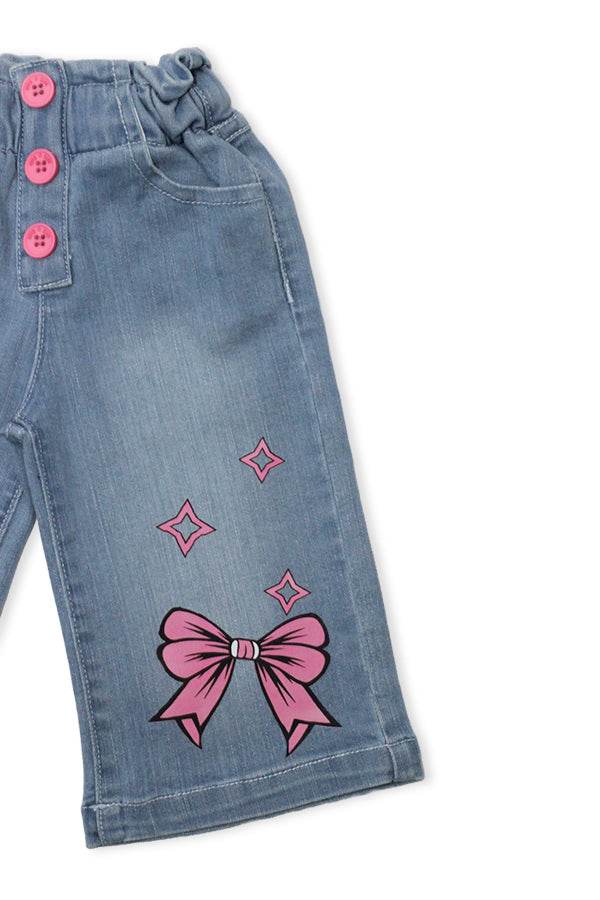 Girls Mide Wash Wide-Leg Pants with Pink Bow Print - Cute Kids