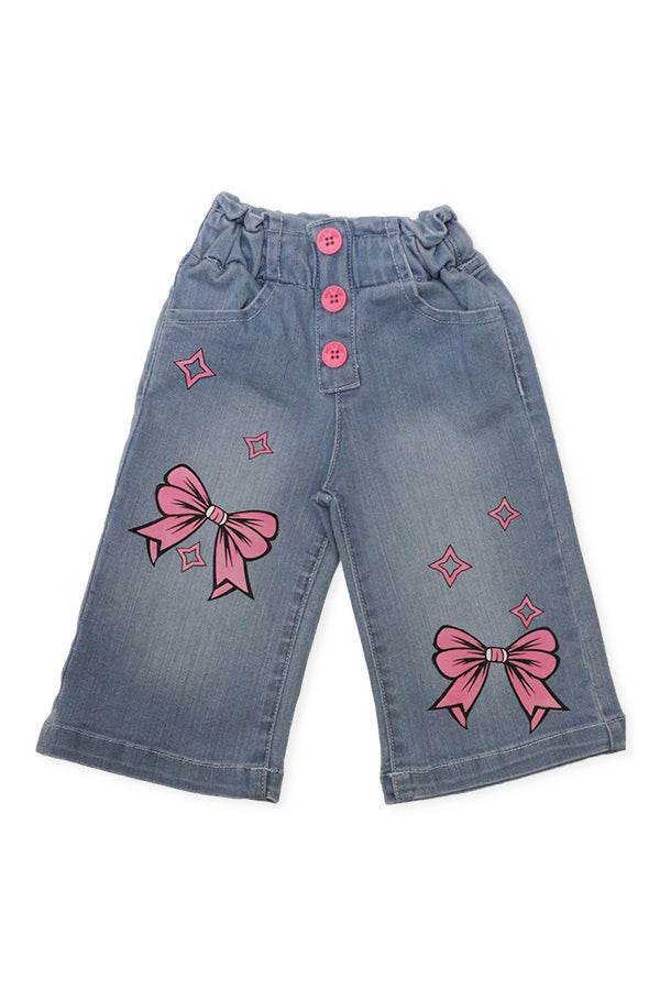 Girls Mide Wash Wide-Leg Pants with Pink Bow Print - Cute Kids