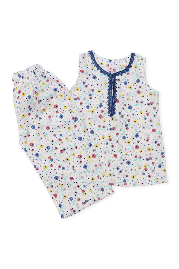 Girls Printed Lawn Co-ord Set – White & Multi