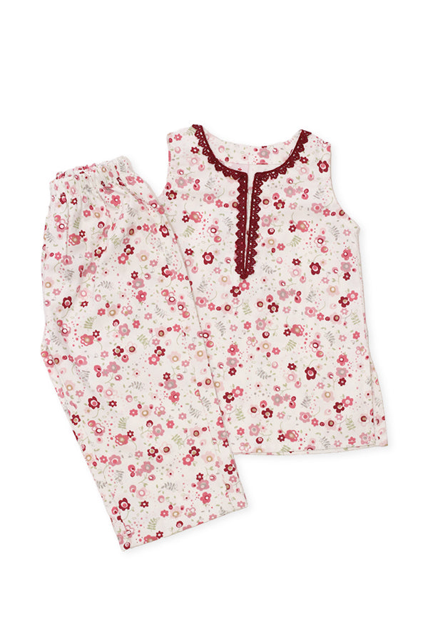 Girls Printed Lawn Co-ord Set – White & Multi-Colored Blooms