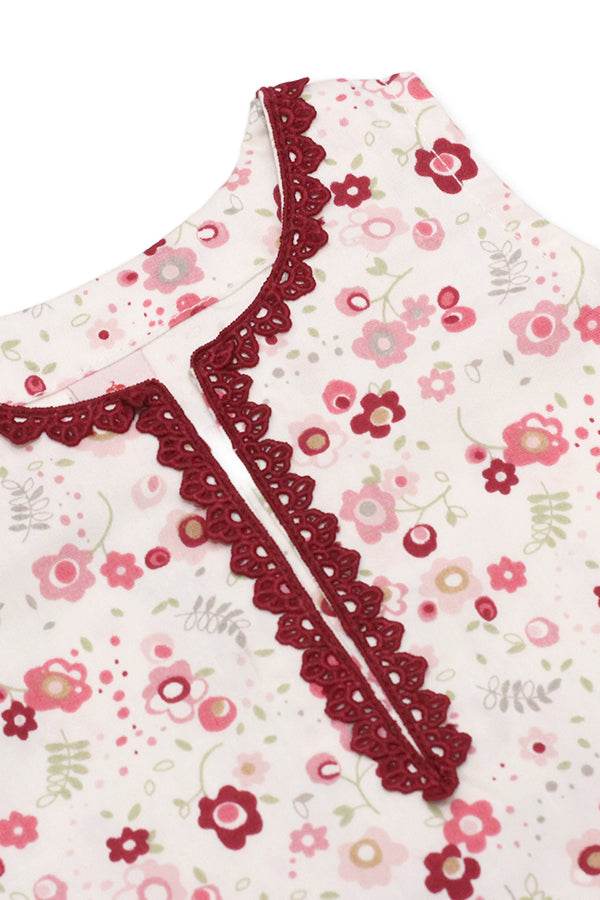 Girls Printed Lawn Co-ord Set – White & Multi-Colored Blooms - Cute Kids