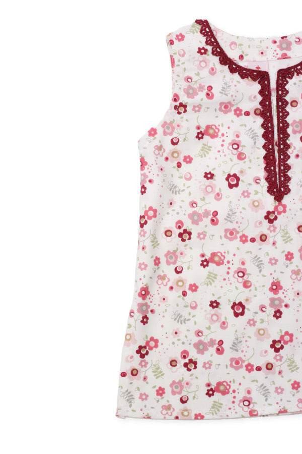 Girls Printed Lawn Co-ord Set – White & Multi-Colored Blooms - Cute Kids