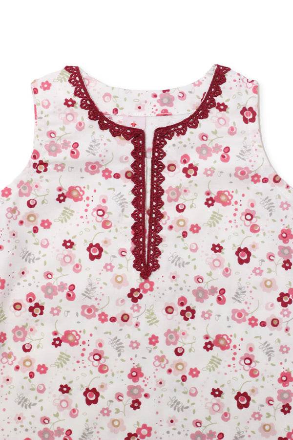 Girls Printed Lawn Co-ord Set – White & Multi-Colored Blooms - Cute Kids