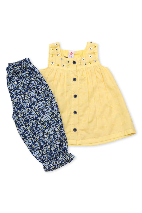 NewBorn Yellow Embellished Top & Floral Bottom Co-ord Set – Yellow & Navy