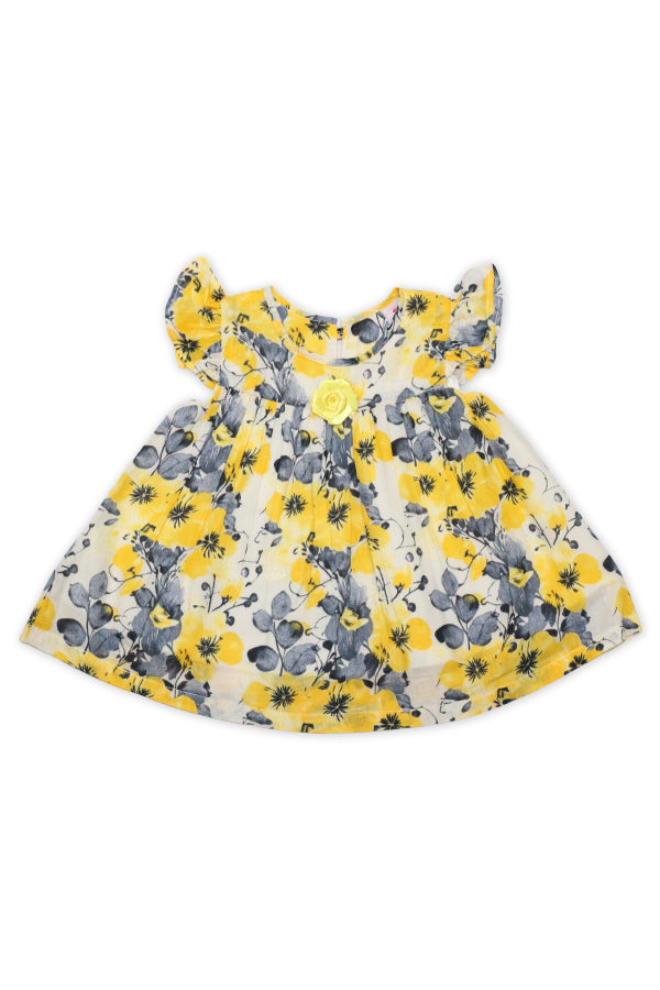 Girls Printed Lawn Frock – Yellow Floral