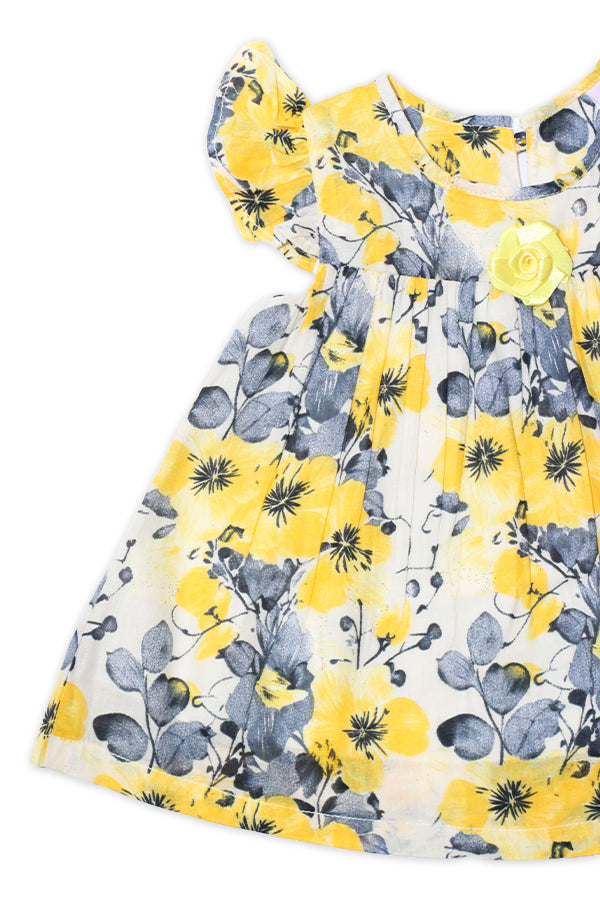 Girls Printed Lawn Frock – Yellow Floral