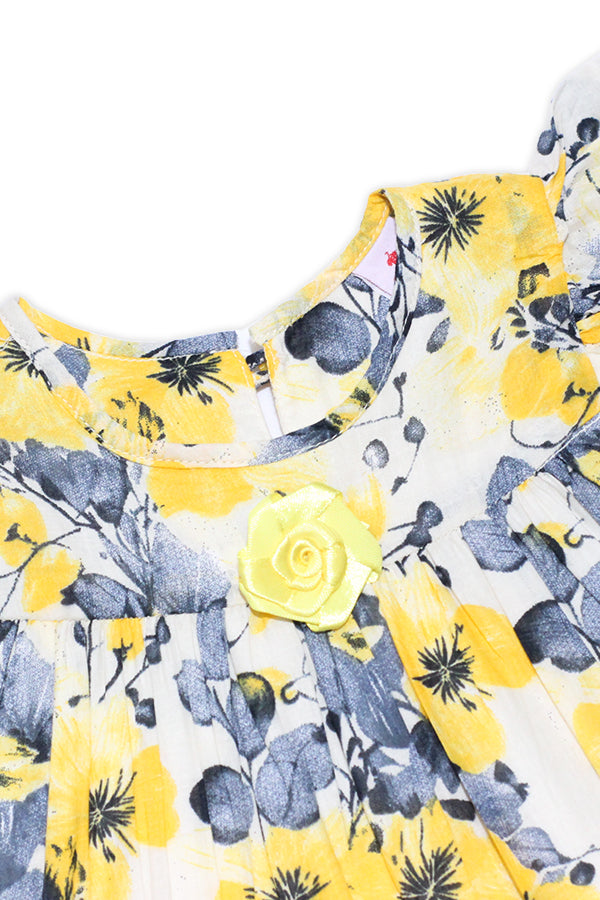 Girls Printed Lawn Frock – Yellow Floral