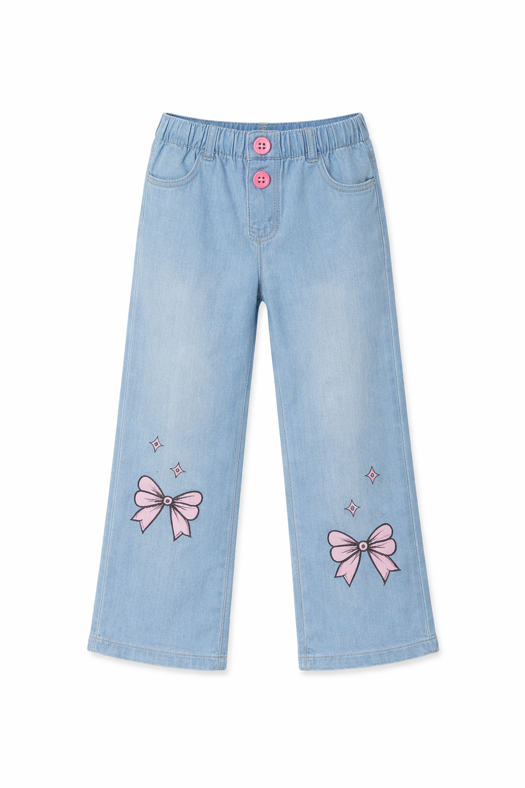 Girls Mid Wash Wide-Leg Pants with Pink Bow Print