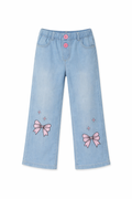 Girls Mid Wash Wide-Leg Pants with Pink Bow Print
