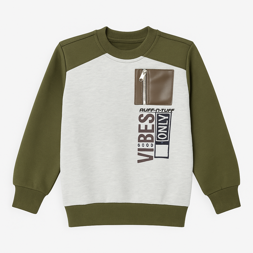 Boys “Good Vibes Only” Crewneck Sweatshirt – Olive & Grey
