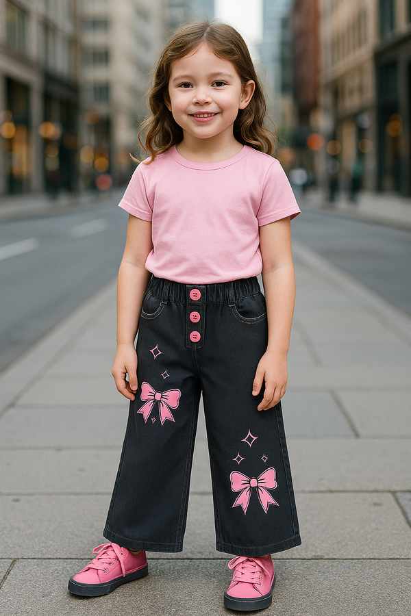 Girls Black Wide-Leg Pants with Pink Bow Print