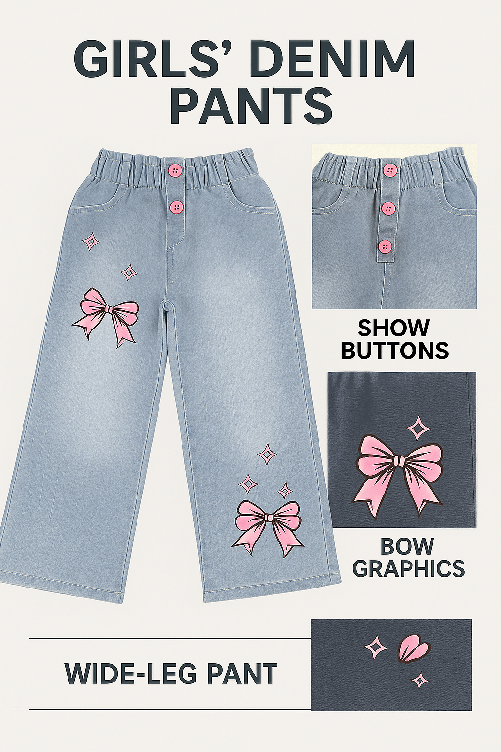 Girls Mid Wash Wide-Leg Pants with Pink Bow Print
