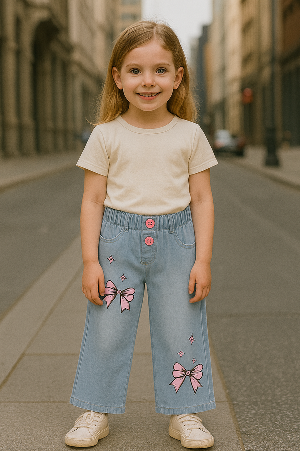Girls Mid Wash Wide-Leg Pants with Pink Bow Print