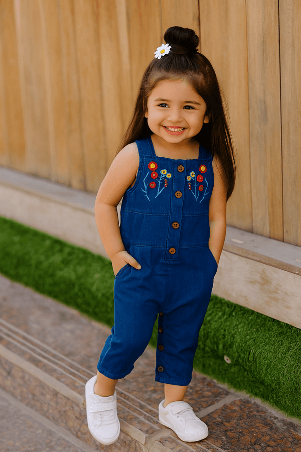 NewBorn Denim Flower Embroidery Romper - Dark Blue - Cute Kids