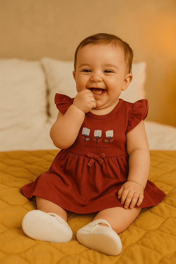 Newborn 3-Flower Printed Frock - Red - Cute Kids
