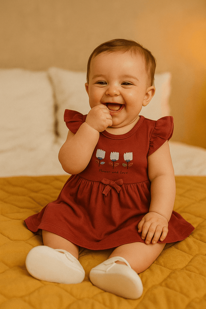 Newborn 3-Flower Printed Frock - Red - Cute Kids