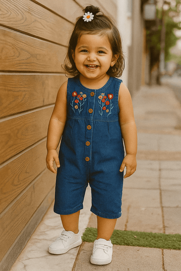 NewBorn Denim Flower Embroidery Romper - Mid Wash - Cute Kids