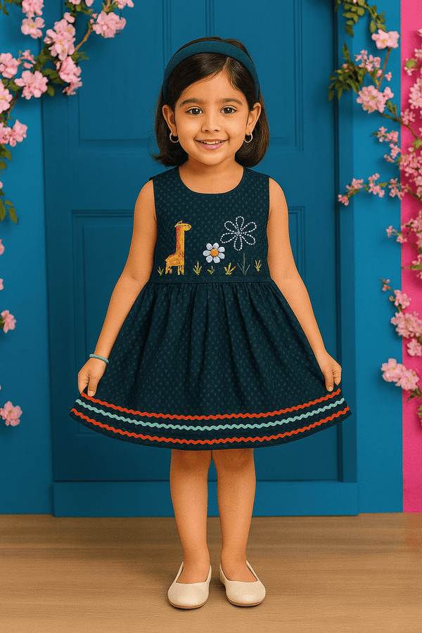 Girls Animal Embroided Dobby Frock - Green - Cute Kids