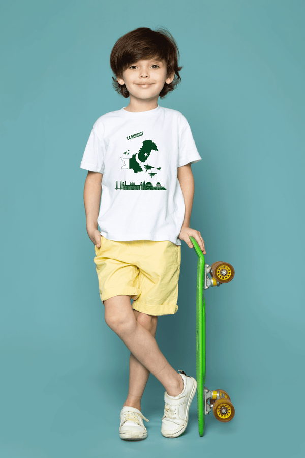 Unisex 14 August Map & Skyline T-Shirt – White | Independence Day Edition - Cute Kids